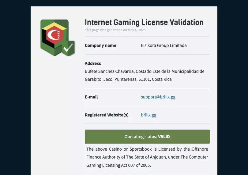 Информация о лицензии казино Брилликс